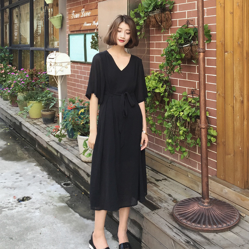 2016夏季新款收腰顯瘦純色雪紡V領短袖中長款連衣裙女黑裙 CO507工廠,批發,進口,代購