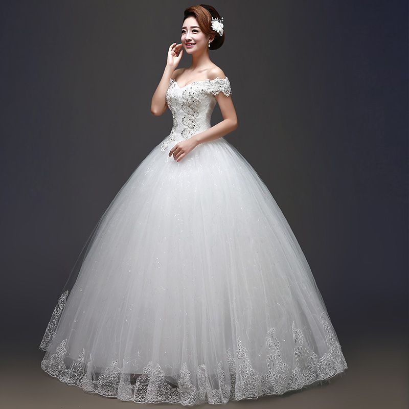 婚紗禮服2016新款秋季韓式時尚新娘結婚一字肩婚紗抹胸修身齊地款工廠,批發,進口,代購