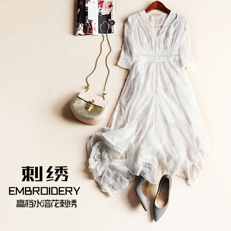 2016春夏高端歐美風女裝白色五分袖V領鏤空繡花連衣裙61878工廠,批發,進口,代購