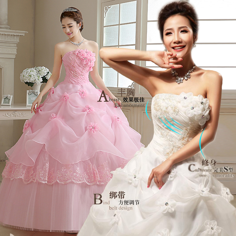 婚紗禮服2016新款時尚立體花裁剪抹胸修身蓬蓬裙婚紗粉色影樓婚紗工廠,批發,進口,代購
