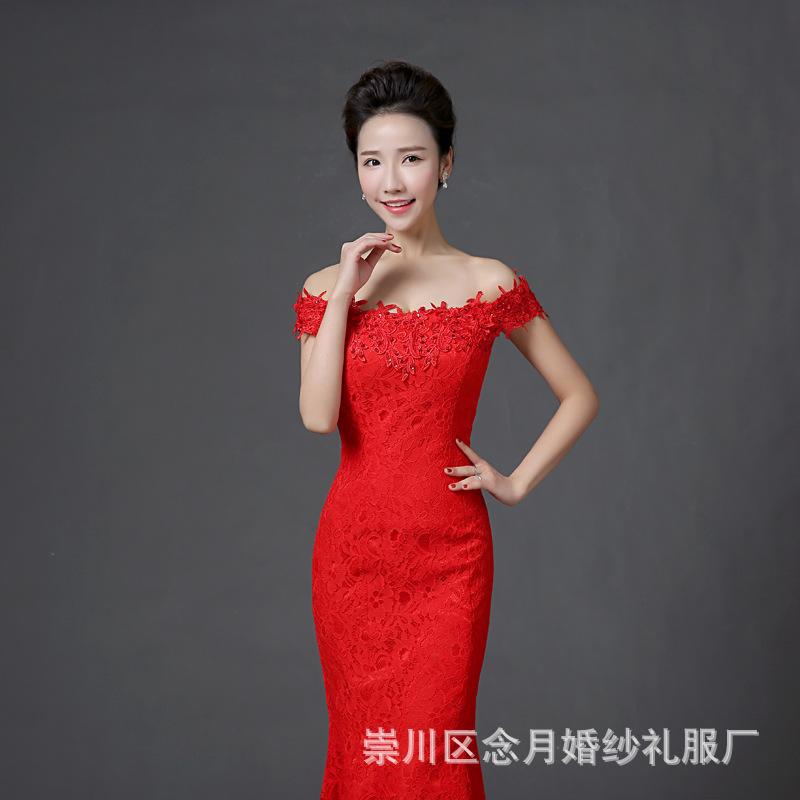 2016春季婚紗禮服新款上新 長款一字肩禮服蕾絲修身女連衣裙工廠,批發,進口,代購