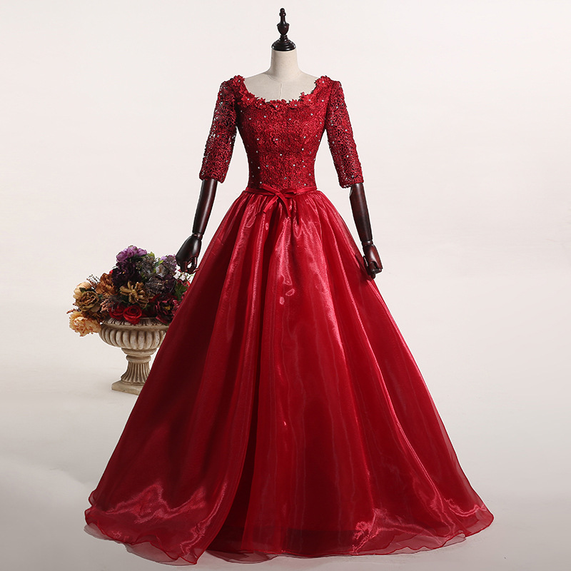 酒紅色中長袖新娘結婚敬酒服年會長款晚宴禮服2016春季外貿新款工廠,批發,進口,代購