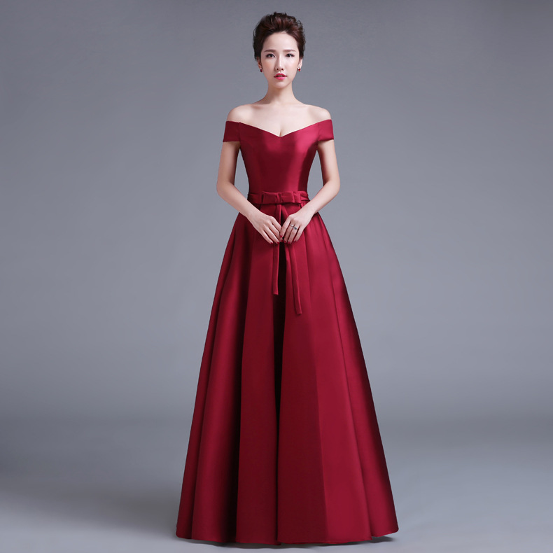 一字肩禮服長款紅色短款緞麵敬酒服2015主持人晚裝宴會婚紗禮服女工廠,批發,進口,代購