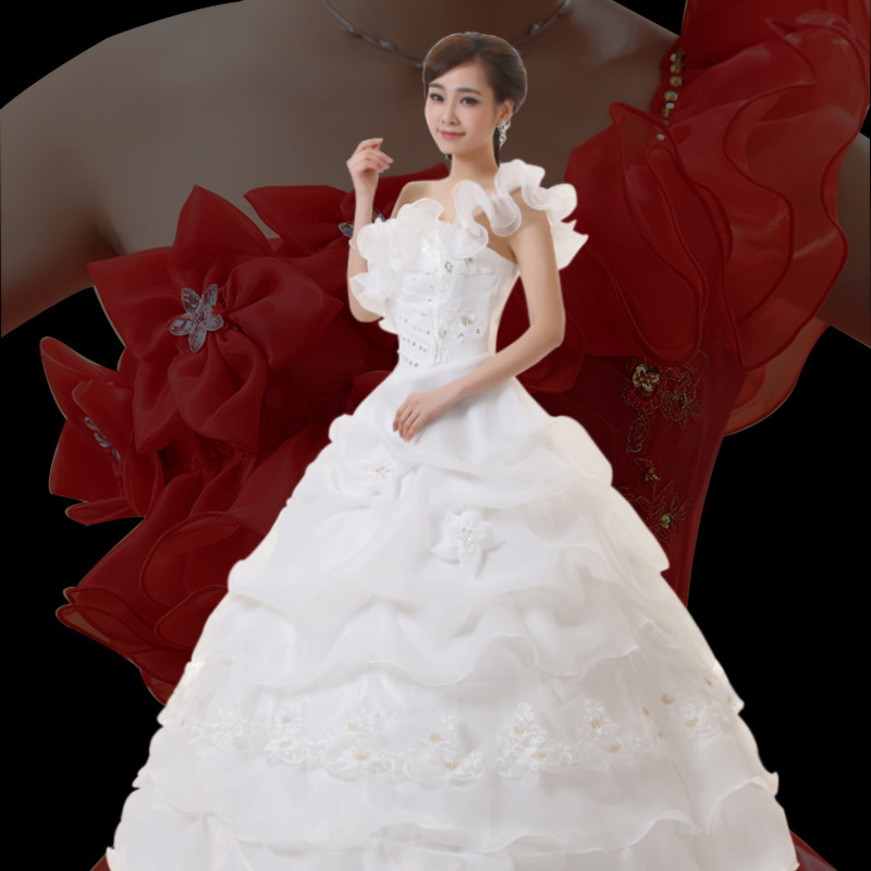 低價批發紅色婚紗蓬蓬裙 鑲鉆花瓣單肩齊地婚紗影樓婚紗廠傢直銷工廠,批發,進口,代購