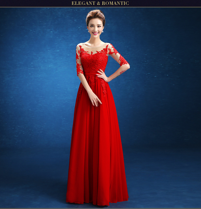 2016新款蕾絲禮服長款紅色新娘結婚敬酒服中袖宴會晚禮服顯瘦工廠,批發,進口,代購
