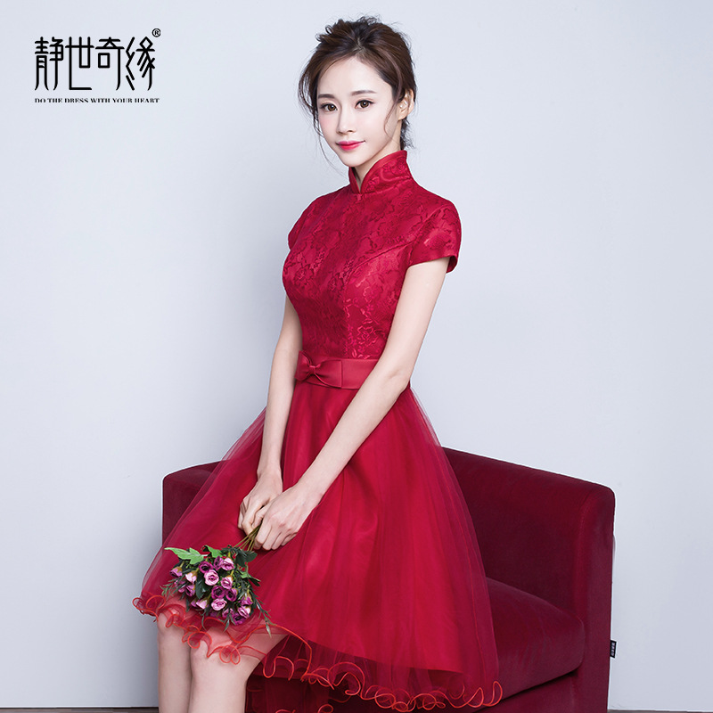 敬酒服新娘短款2016新款結婚禮服酒紅色宴會晚禮服前短後長連衣裙工廠,批發,進口,代購