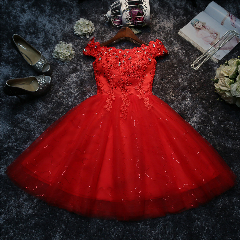 伴娘服夏季新款網紗一字肩新娘結婚綁帶小禮服白色性感演出服紅A5工廠,批發,進口,代購