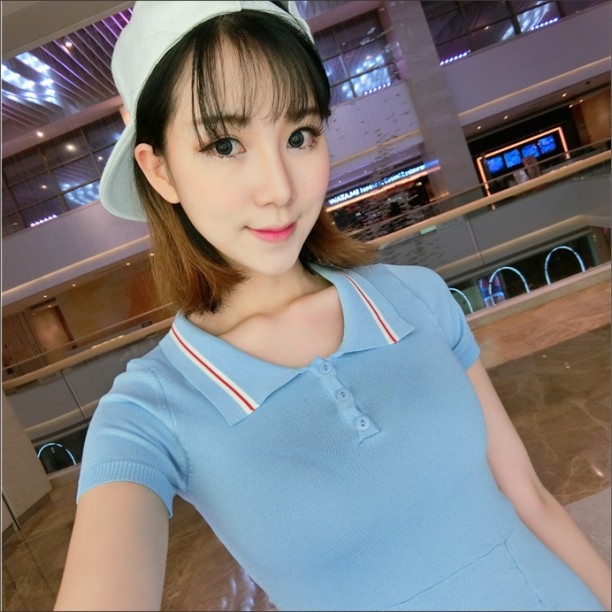 晚晚同款 復古海軍風POLO領中長款純A字休閒藍色短袖針織連衣裙工廠,批發,進口,代購