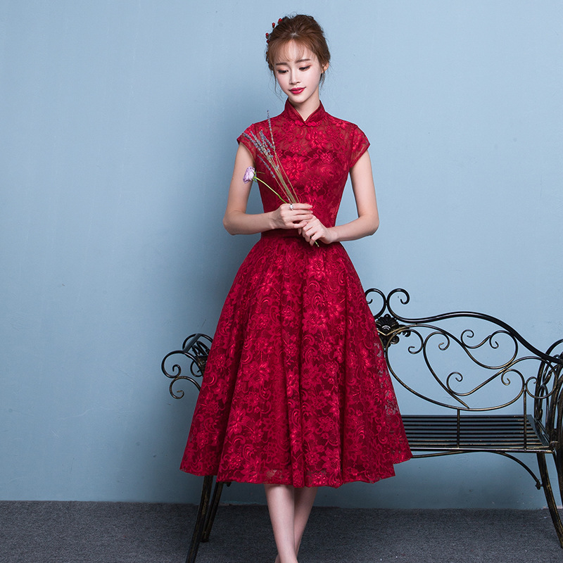 2016新款新娘夏敬酒服紅色結婚晚禮服宴會中長短款修身連衣裙女工廠,批發,進口,代購
