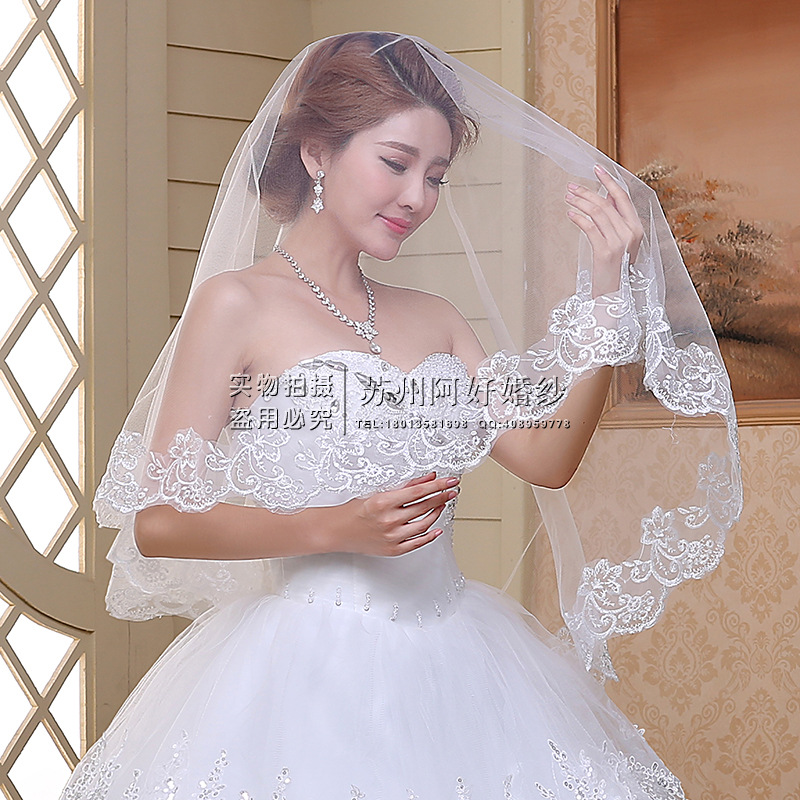 婚禮新娘頭紗蕾絲花邊單層復古婚紗配件 簡約白色網紗禮服頭紗女工廠,批發,進口,代購