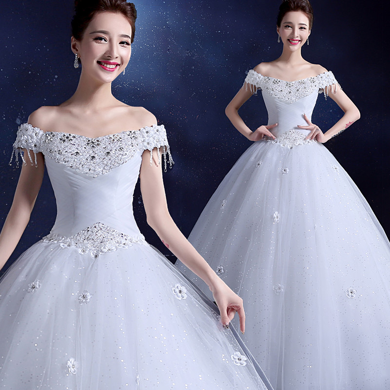 新款2015修身顯瘦婚紗禮服新娘結婚韓式一字肩影樓齊地婚紗裙Y06工廠,批發,進口,代購