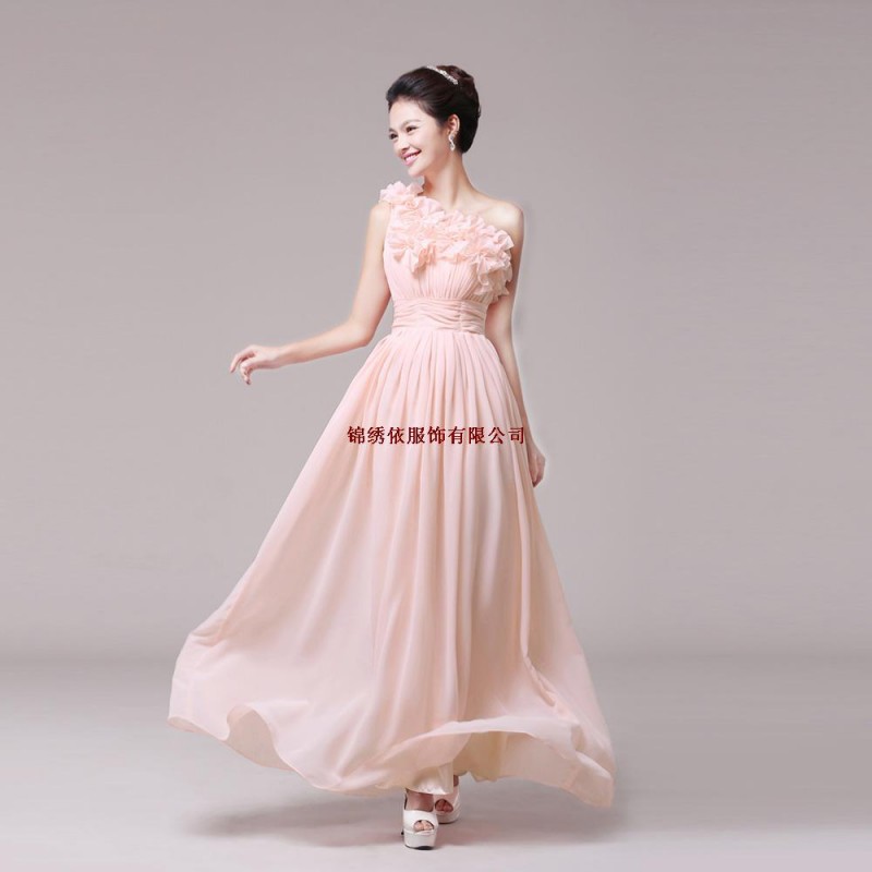 2015新款單肩短款粉色伴娘宴會晚禮服敬酒服新娘結婚禮粉色長款女工廠,批發,進口,代購