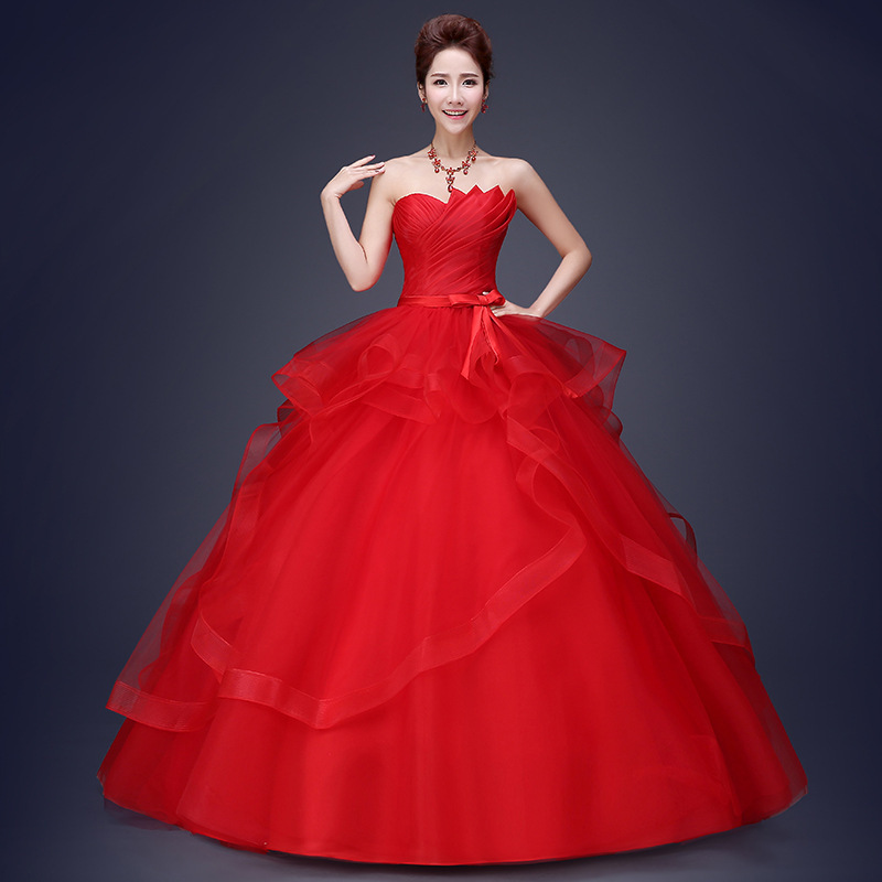 2016新款韓版新娘結婚紅色抹胸修身顯瘦綁帶大碼齊地婚紗禮服工廠,批發,進口,代購