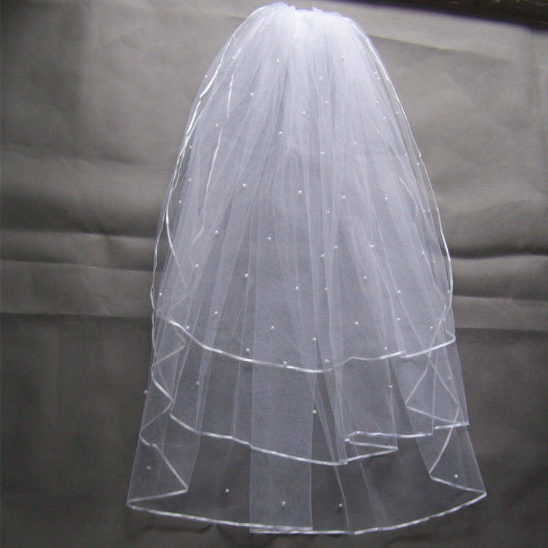 新款新娘結婚婚紗禮服頭紗 簡約三層純手工黏珍珠頭紗 廠傢直銷批發・進口・工廠・代買・代購