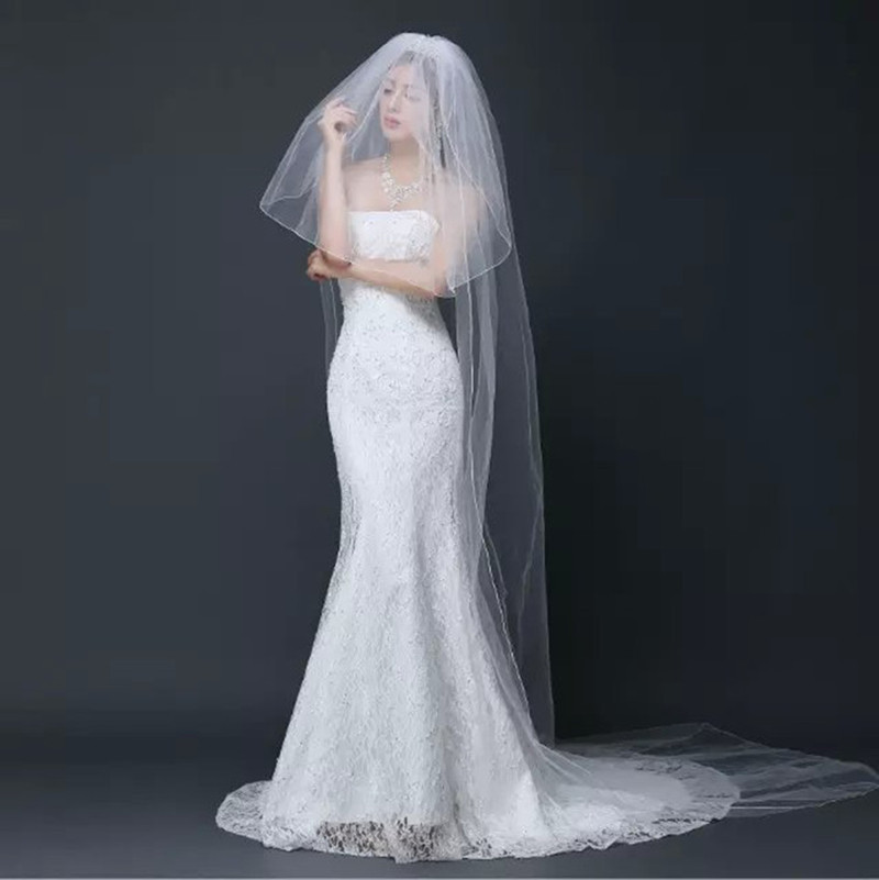 新款新娘結婚婚紗禮服頭紗配件 韓式拖尾2層卷邊長款簡約頭紗特價批發・進口・工廠・代買・代購