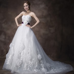 韓式復古綁帶花朵豪華大拖尾抹胸結婚婚紗 前短後拖新娘服H13742工廠,批發,進口,代購