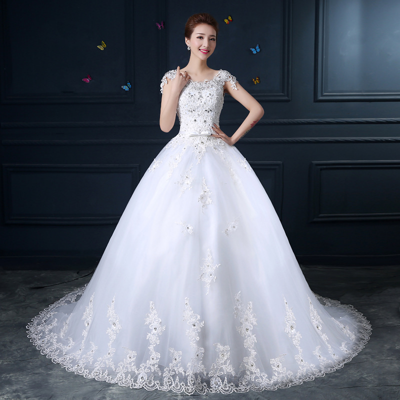 婚紗2016新款新娘大碼拖尾婚紗一字肩蕾絲婚紗芭比公主禮服工廠,批發,進口,代購
