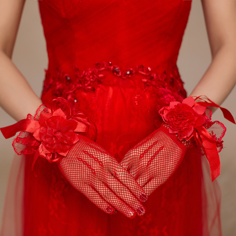 批發新款婚紗手套  短款 大紅色網紗 結婚手套 新娘手套工廠,批發,進口,代購