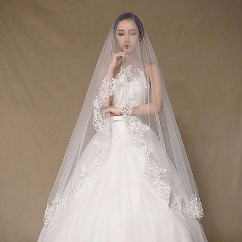 韓式新娘頭紗1.5米短蕾絲結婚紗禮服配件3米超長白色新款頭紗批發批發・進口・工廠・代買・代購