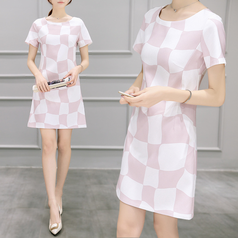 韓國代購女裝2016夏季新款修身顯瘦直筒A型粉色格子短袖A字連衣裙批發・進口・工廠・代買・代購