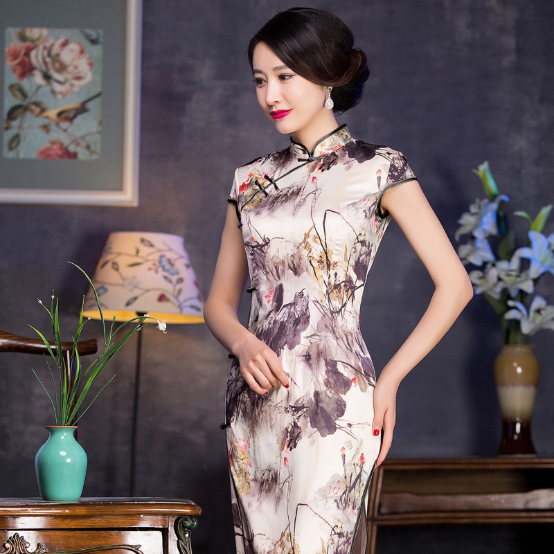 廠傢批發2016春夏時尚裝新款修身連衣裙旗袍女 桑蠶絲復古長旗袍工廠,批發,進口,代購