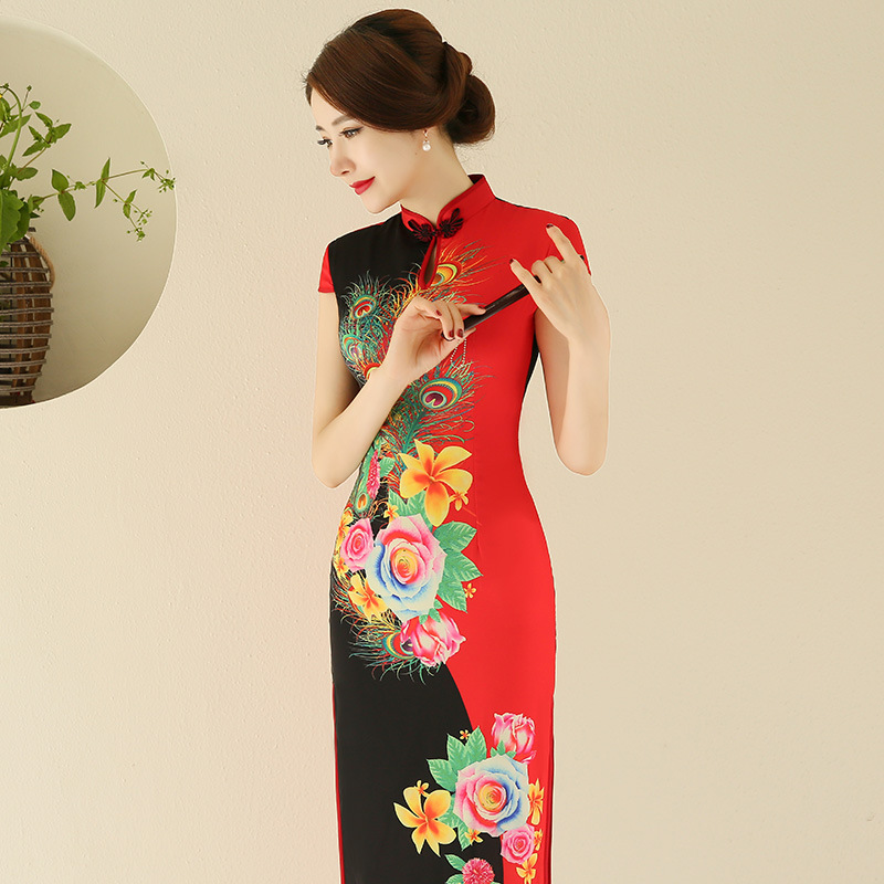 2016春夏季新款修身復古改良仿真絲旗袍長款宴會演出禮服女工廠,批發,進口,代購