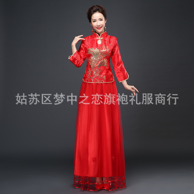 新款紅色旗袍裙  時尚長款旗袍  新娘結婚禮服旗袍紅色敬酒服批發・進口・工廠・代買・代購