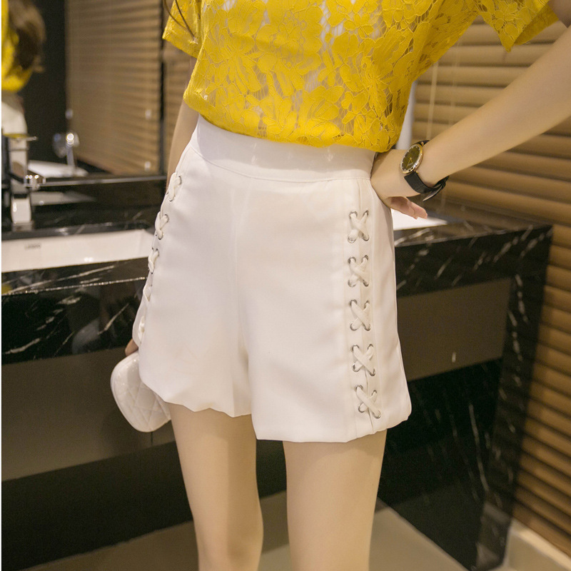 2016夏季新款韓版女裝綁帶裝飾高腰顯瘦休閒純色短褲 女批發・進口・工廠・代買・代購