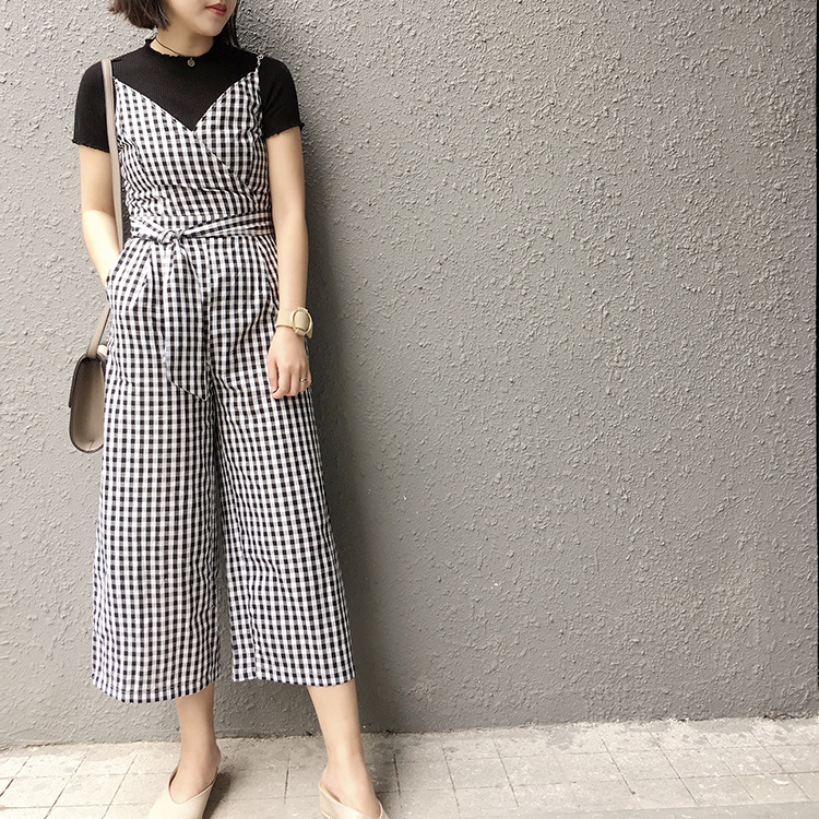 2016夏季韓國東大門新款修身顯瘦女式高腰薄款格子吊帶連身褲1100工廠,批發,進口,代購