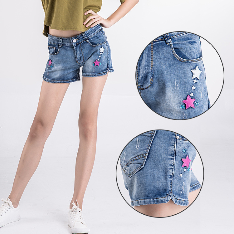 夏季女裝韓版時尚顯瘦百搭牛仔短褲創意印花貼佈廠傢批發工廠,批發,進口,代購