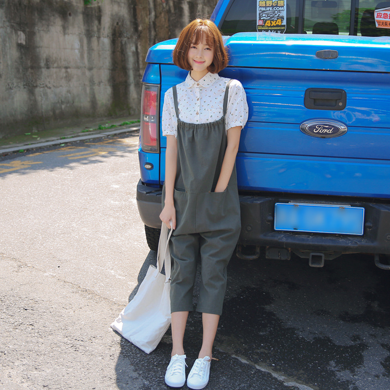 背帶褲女夏2016新款女裝森女系減齡九分褲女潮寬松學生吊帶連身褲工廠,批發,進口,代購