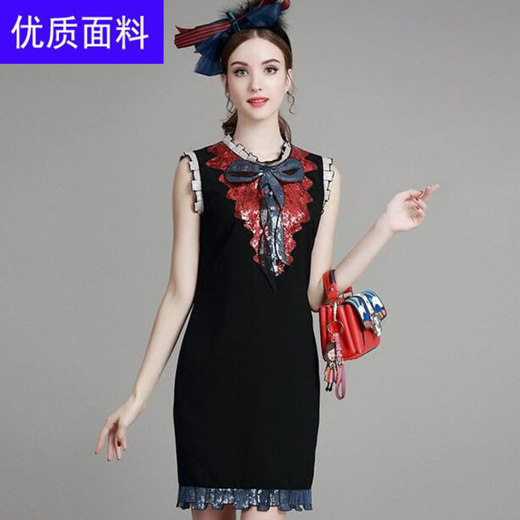 女裝2016春季新品重工亮片蝴蝶結花邊圓領背心裙修身連衣裙 新款工廠,批發,進口,代購