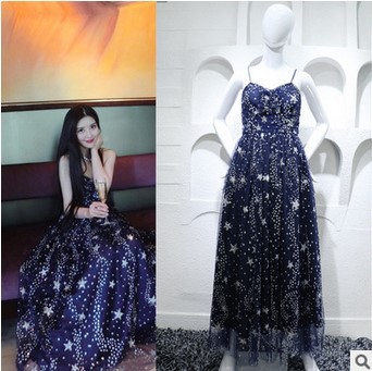 2016夏新品性感吊帶蕾絲連衣裙劉鈺懿劉美人同款星星閃閃沙灘長裙工廠,批發,進口,代購