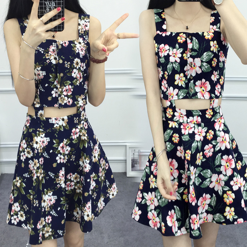 夏裝兩件套裝裙子碎花裹胸吊帶上衣+高腰顯瘦半身裙露腰連衣裙女工廠,批發,進口,代購