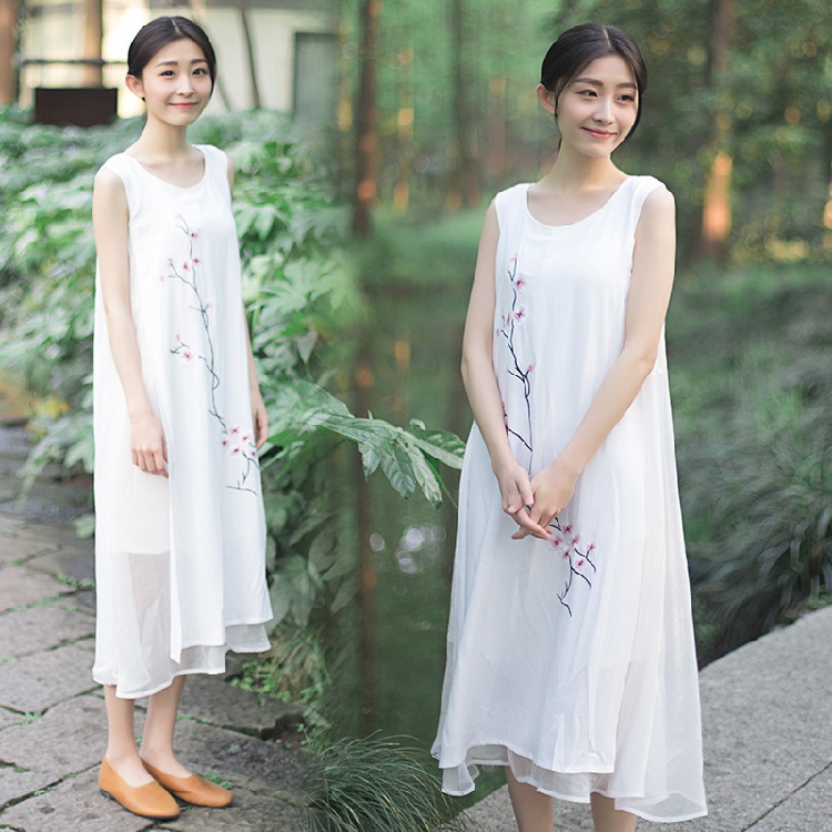 #實拍2016夏季新款文藝氣質棉麻連衣裙長裙刺繡白無袖背心裙工廠,批發,進口,代購
