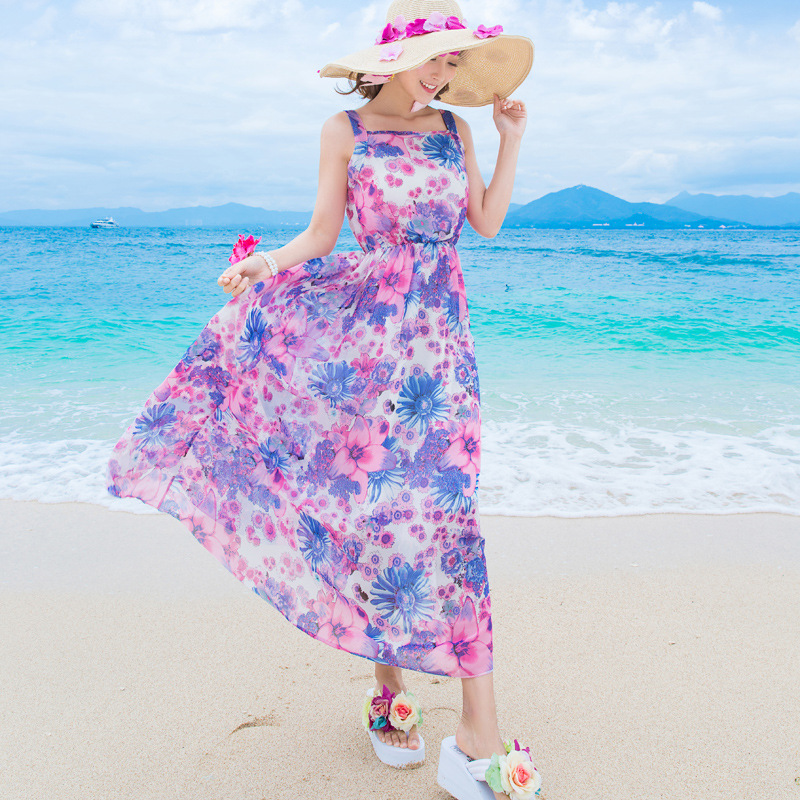 夏季新品波西米亞海邊度假旅行吊帶裙印花碎花連衣裙長裙工廠,批發,進口,代購