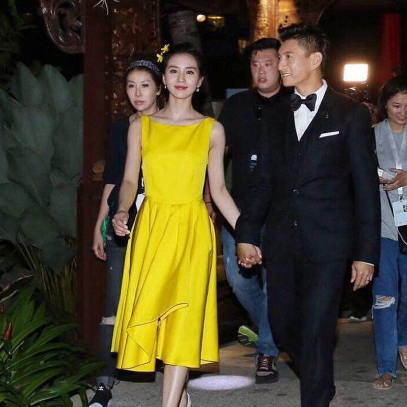 2016巴厘島明星婚禮同款連衣裙無袖黃色圓領中長背心裙工廠,批發,進口,代購