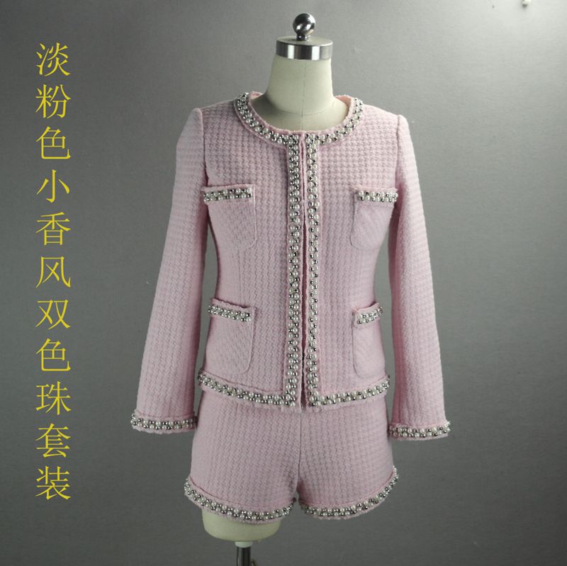 秋冬加厚名媛小香風套裝重工釘珠修身女裝套褲2件套衣服+褲子代發工廠,批發,進口,代購