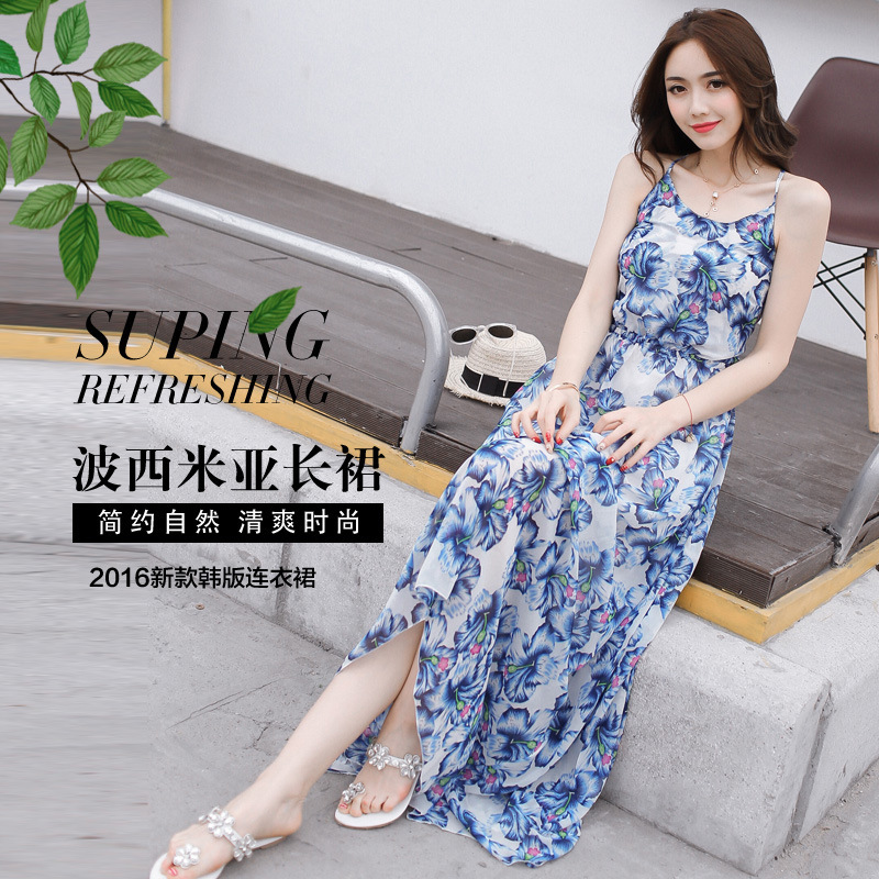 實拍2016夏波西米亞印花露背性感系帶吊帶沙灘長裙連衣裙工廠,批發,進口,代購