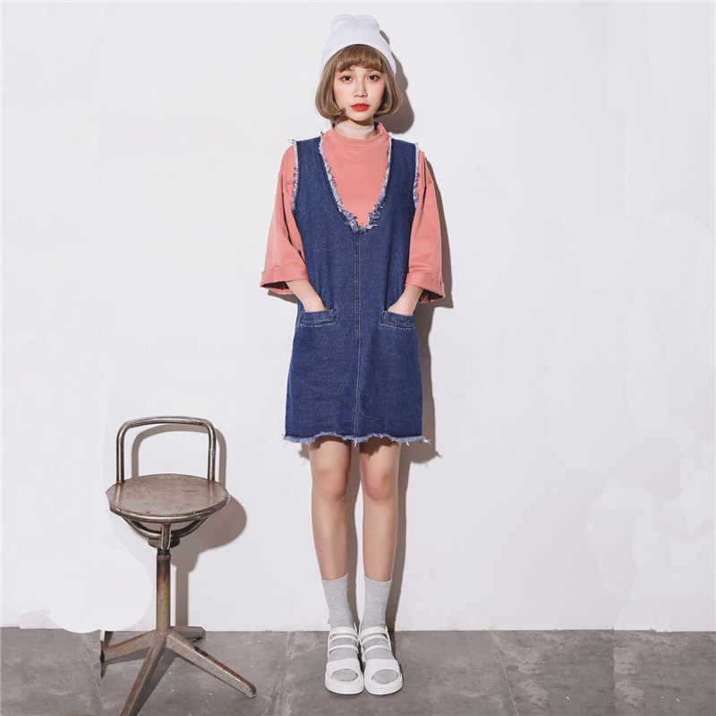2016春裝新品韓V領牛仔背帶裙 寬松顯瘦毛邊吊帶牛仔裙學院風工廠,批發,進口,代購