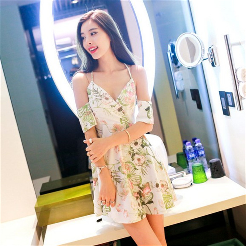 2016夏季新款女裝小清新印花性感吊帶V領收腰禮服短袖連衣裙工廠,批發,進口,代購