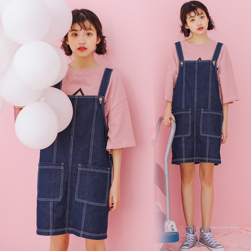 2016夏季新款韓版簡約顯瘦寬松牛仔背帶裙一步裙口袋吊帶裙女潮工廠,批發,進口,代購