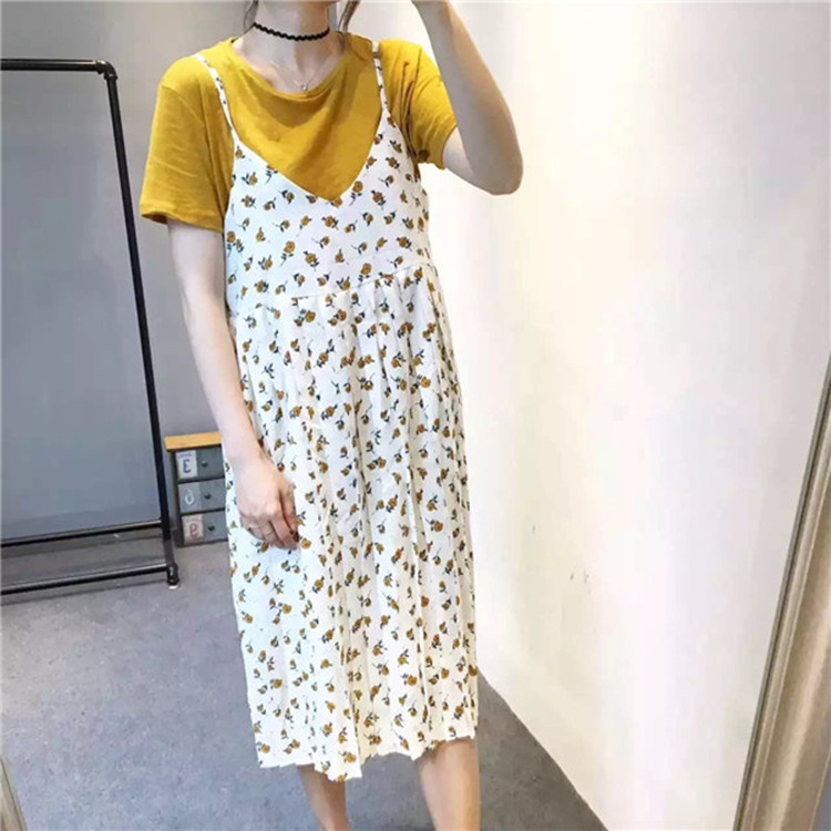 夏季熱賣 中長款V領碎花吊帶連衣裙＋竹節棉打底T恤兩件套裝 706#工廠,批發,進口,代購