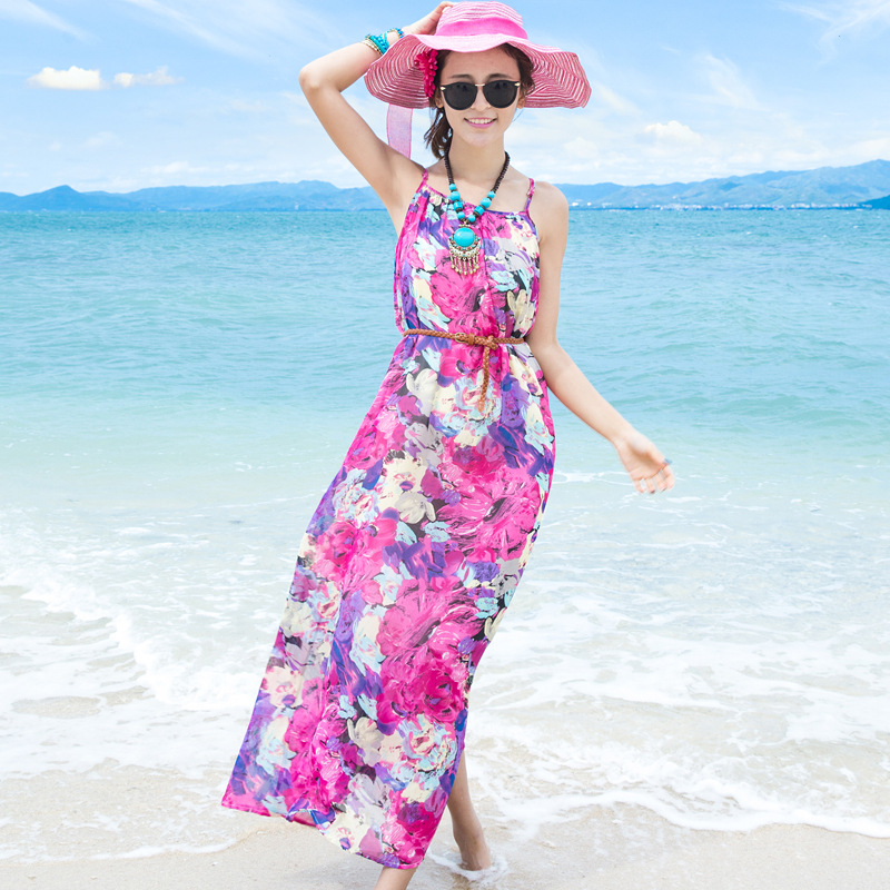 1189夏女雪紡碎花大碼顯瘦吊帶連衣裙波西米亞海邊度假長裙沙灘裙工廠,批發,進口,代購