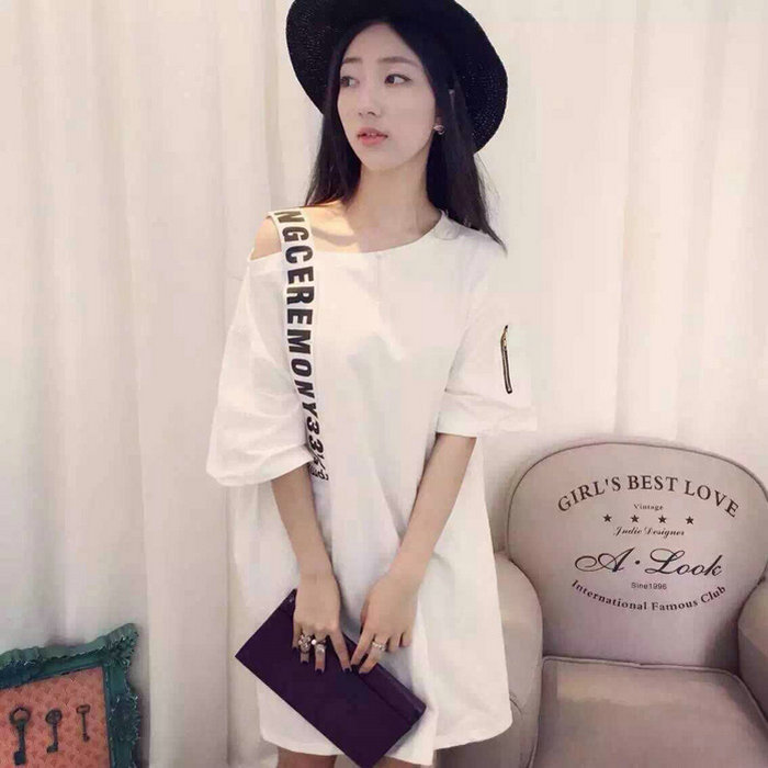2060 女裝  2016夏季新款歐美個性單肩吊帶字母寬松短袖連衣裙工廠,批發,進口,代購
