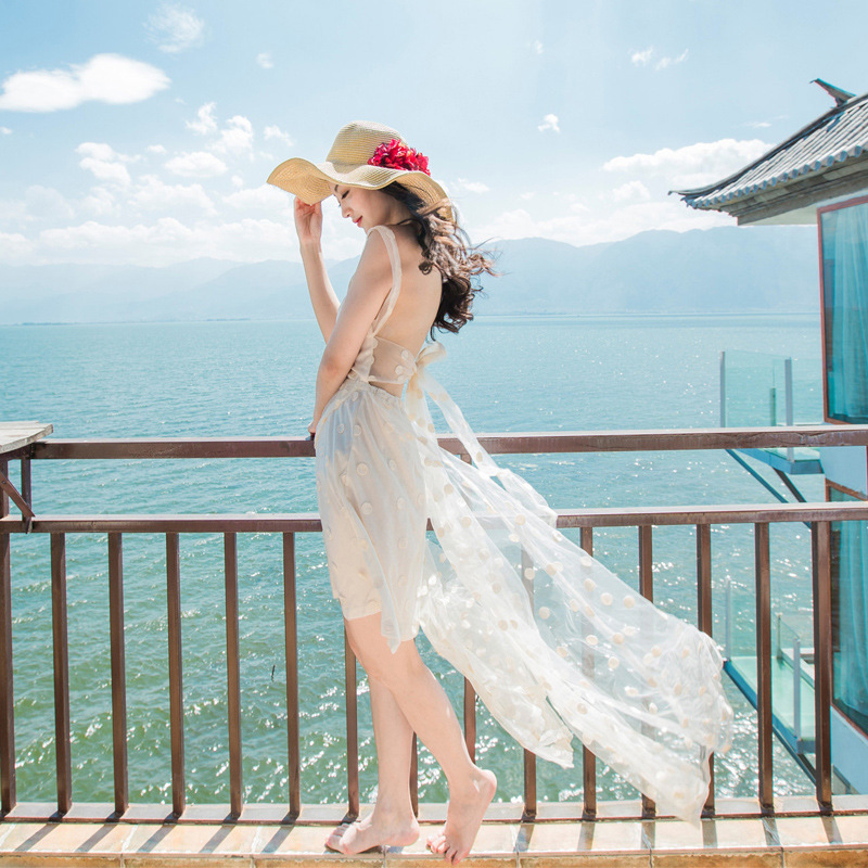 實拍不規則蕾絲網紗長裙海邊度假沙灘裙性感吊帶大露背女裙連衣裙工廠,批發,進口,代購
