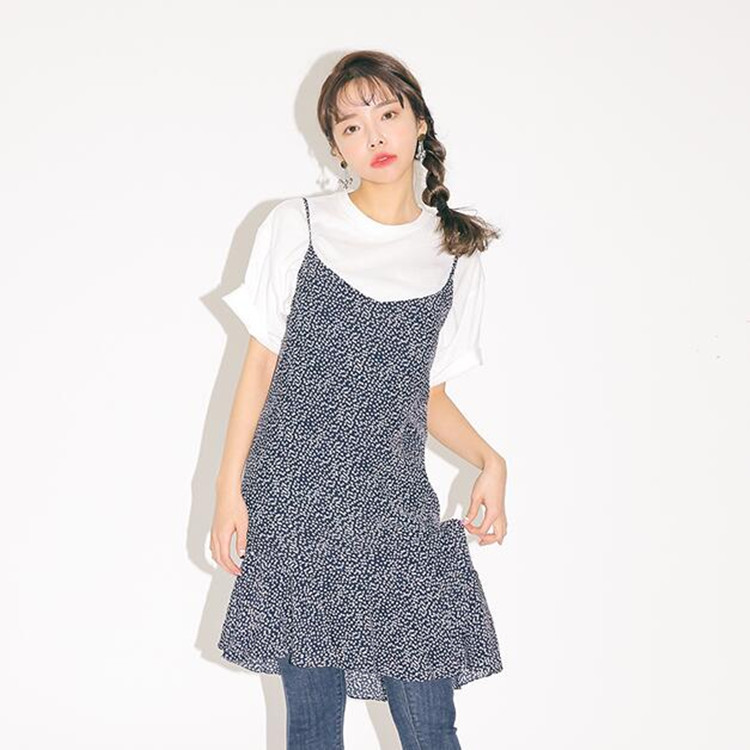 韓國stylenanda荷葉邊斜擺碎花吊帶裙工廠,批發,進口,代購