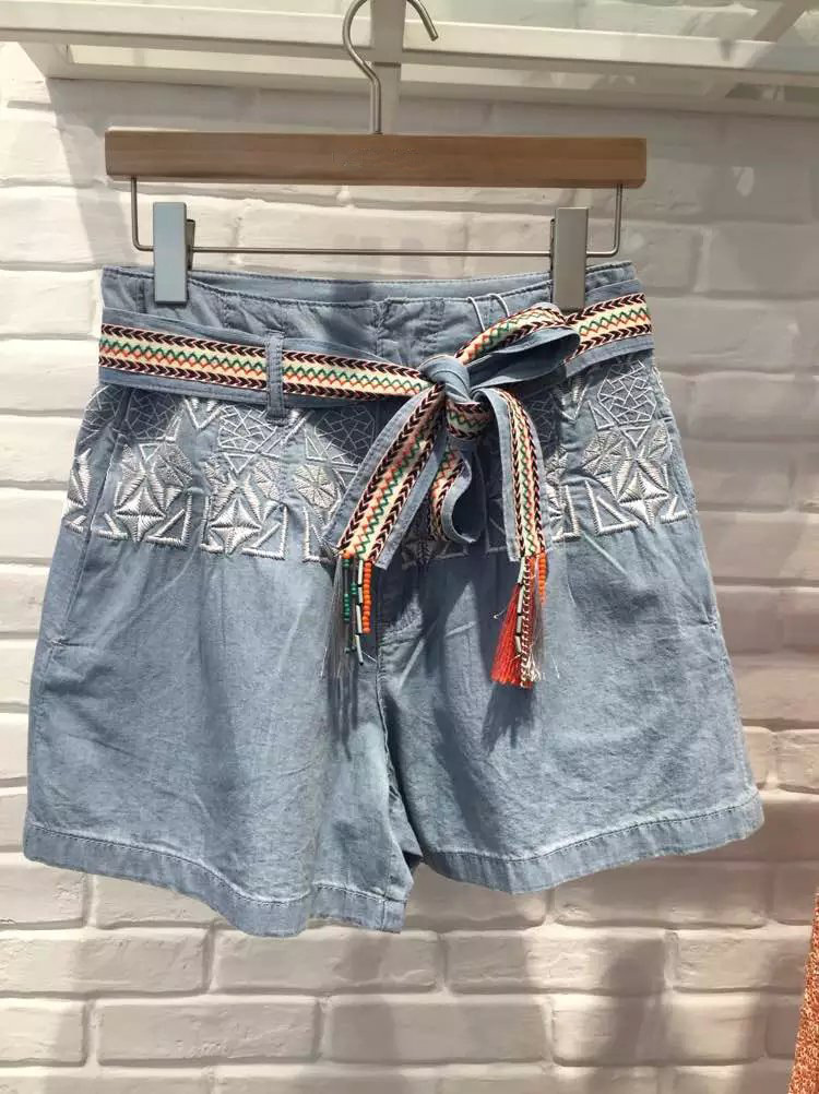 現貨2016夏裝新款女韓版休閒名族風刺繡系帶高腰顯瘦牛仔闊腿短褲工廠,批發,進口,代購