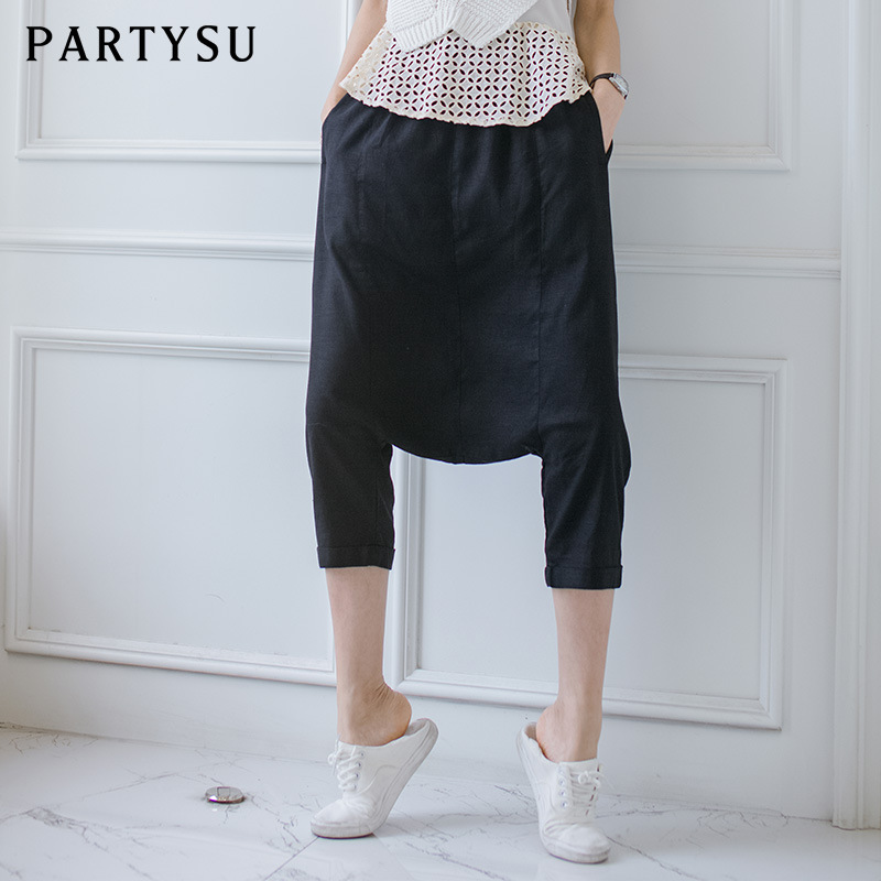 partysu2015垮褲女夏黑色闊腿褲棉麻七分褲時尚寬松韓版休閒女款工廠,批發,進口,代購