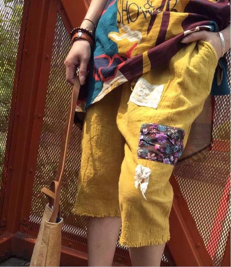 2016春夏季新款日系森女系松緊腰抽繩棉麻貼佈垮褲七分褲女4232工廠,批發,進口,代購